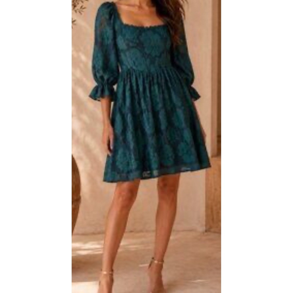 Charmed Hearts Floral Jacquard Puff Sleeve Mini Dress Smocked Emerald Green Sz M